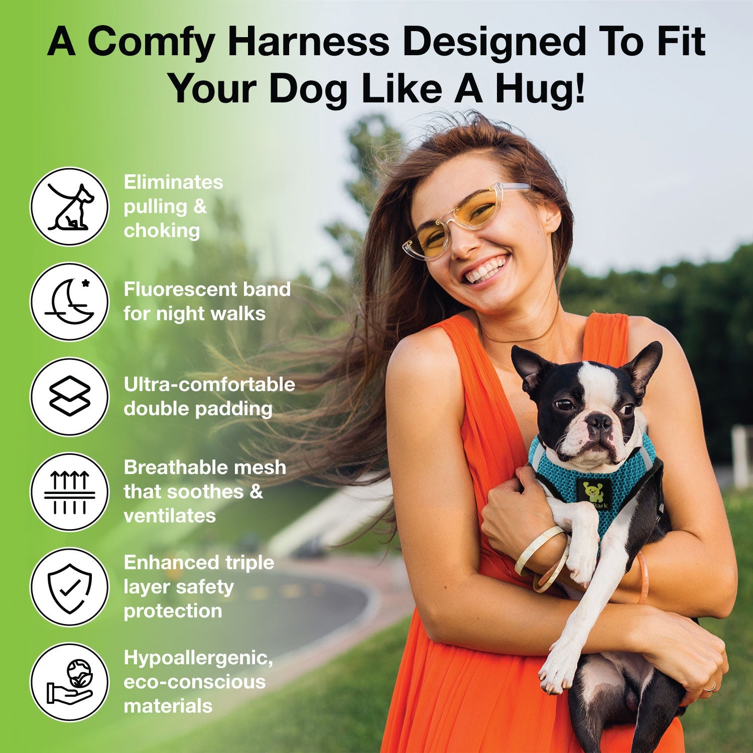 EcoBark Step In Dog Harness - Teacup & Small Breeds- Reflective Soft Mesh Harness for Teacup, Small Dogs and Puppies / Aqua Sport
