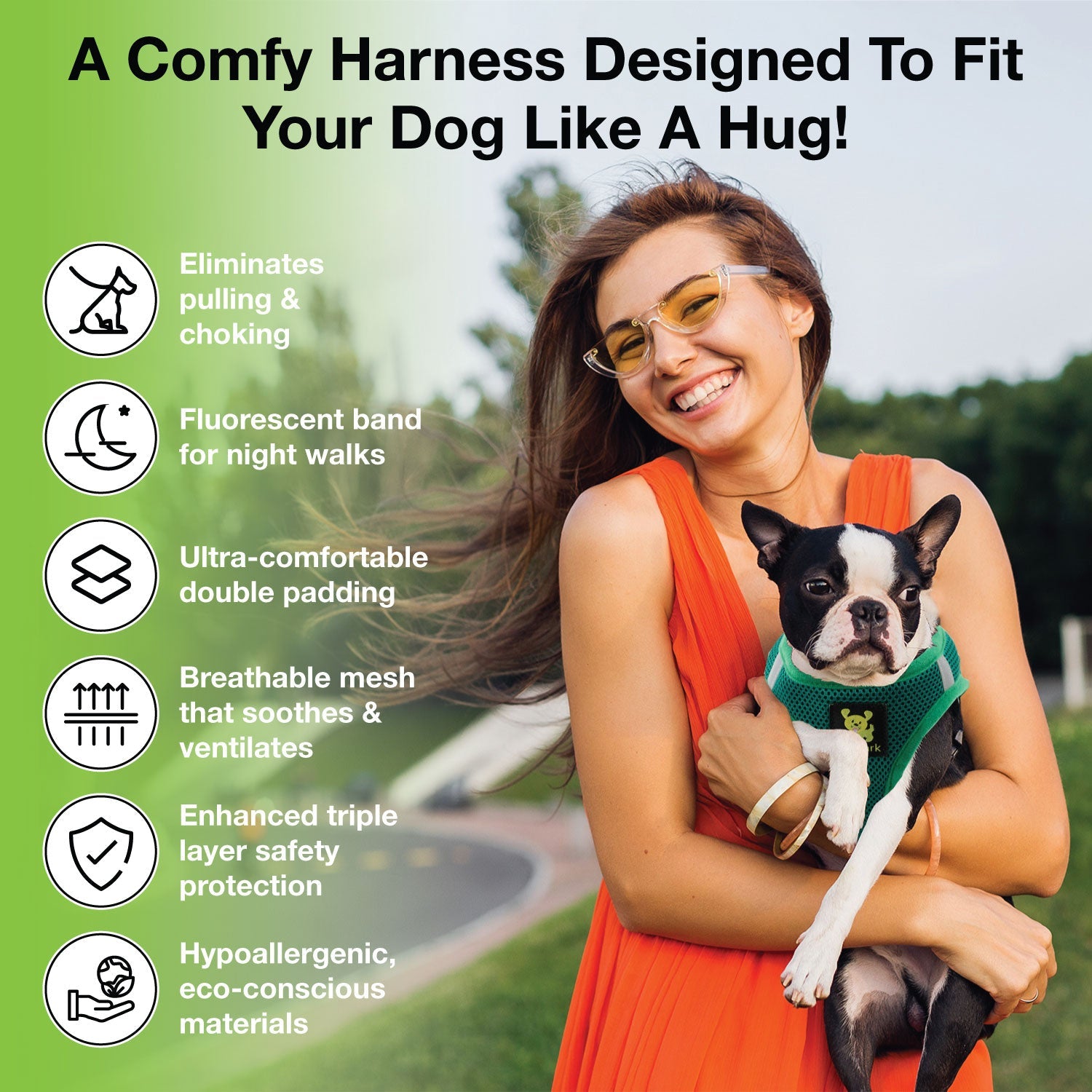 EcoBark Step In Dog Harness - Teacup & Small Breeds- Reflective Soft Mesh Harness for Teacup, Small Dogs and Puppies / Forest Green
