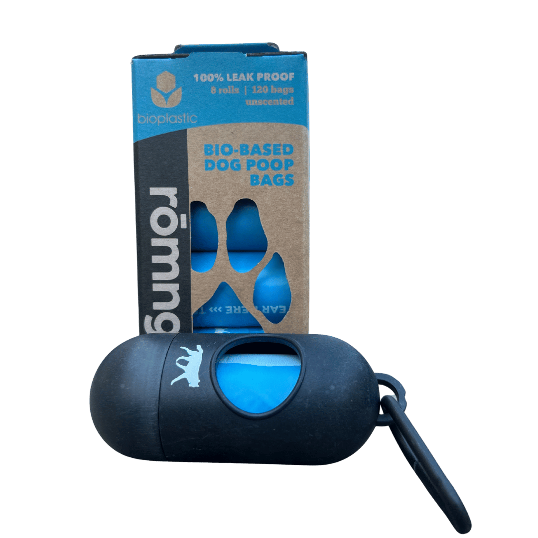 romng bio-based dog poop bags + bamboo dispenser