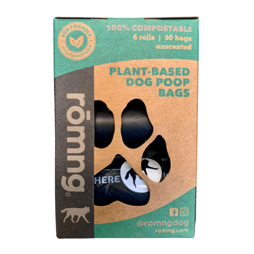romng compostable plant-based dog poop bags + bamboo dispenser
