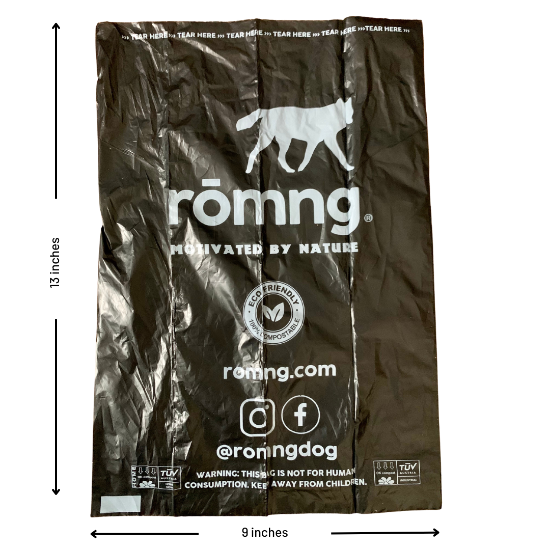 romng compostable plant-based dog poop bags + bamboo dispenser