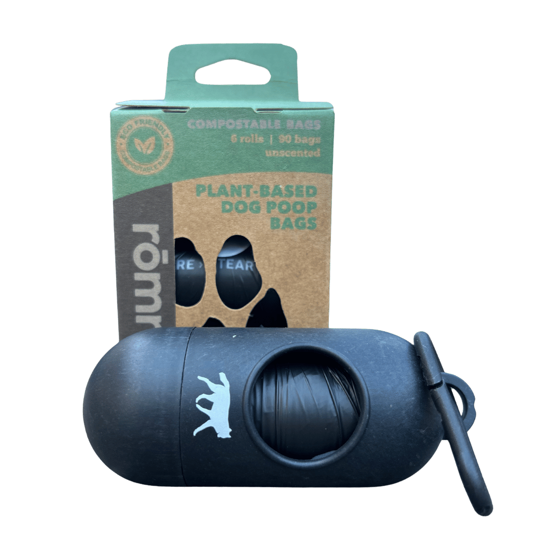 romng compostable plant-based dog poop bags + bamboo dispenser