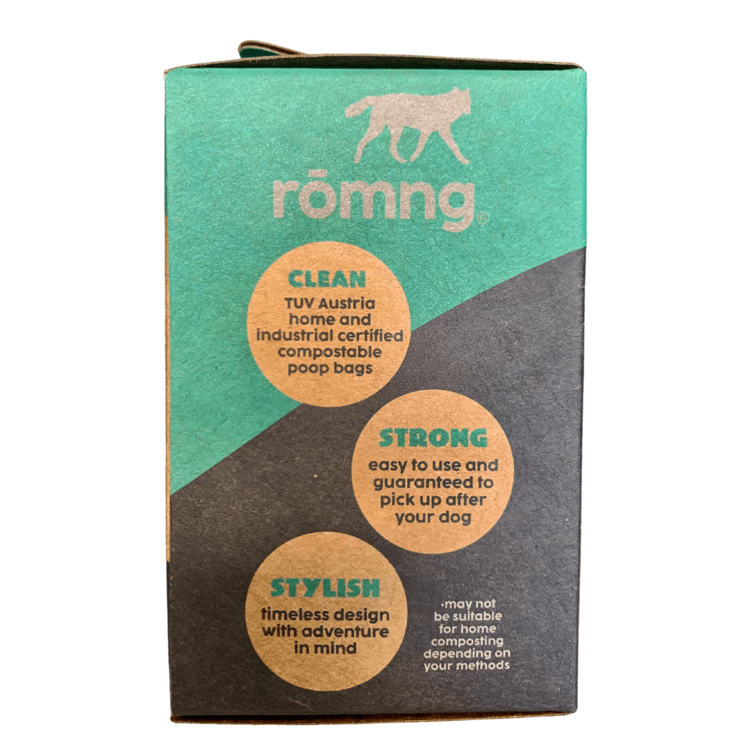 romng compostable plant-based dog poop bags + bamboo dispenser