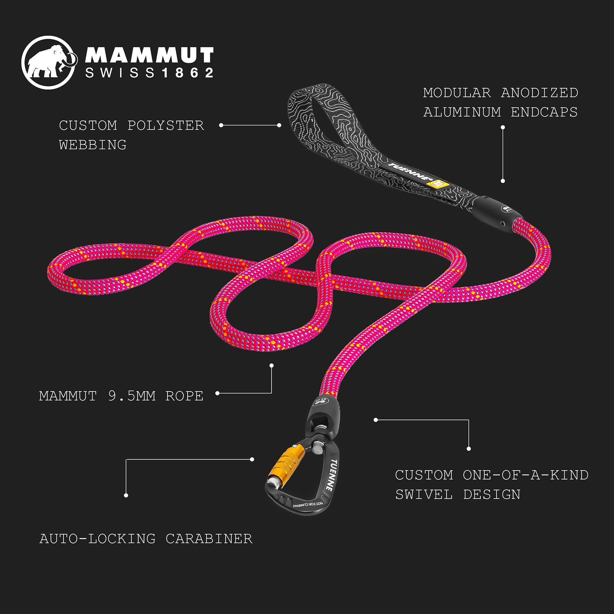 Rope Dog Leash with Auto-Locking Carabiner – 9.5mm Mammut Dry-Treated | Pink Zen | Tuenne